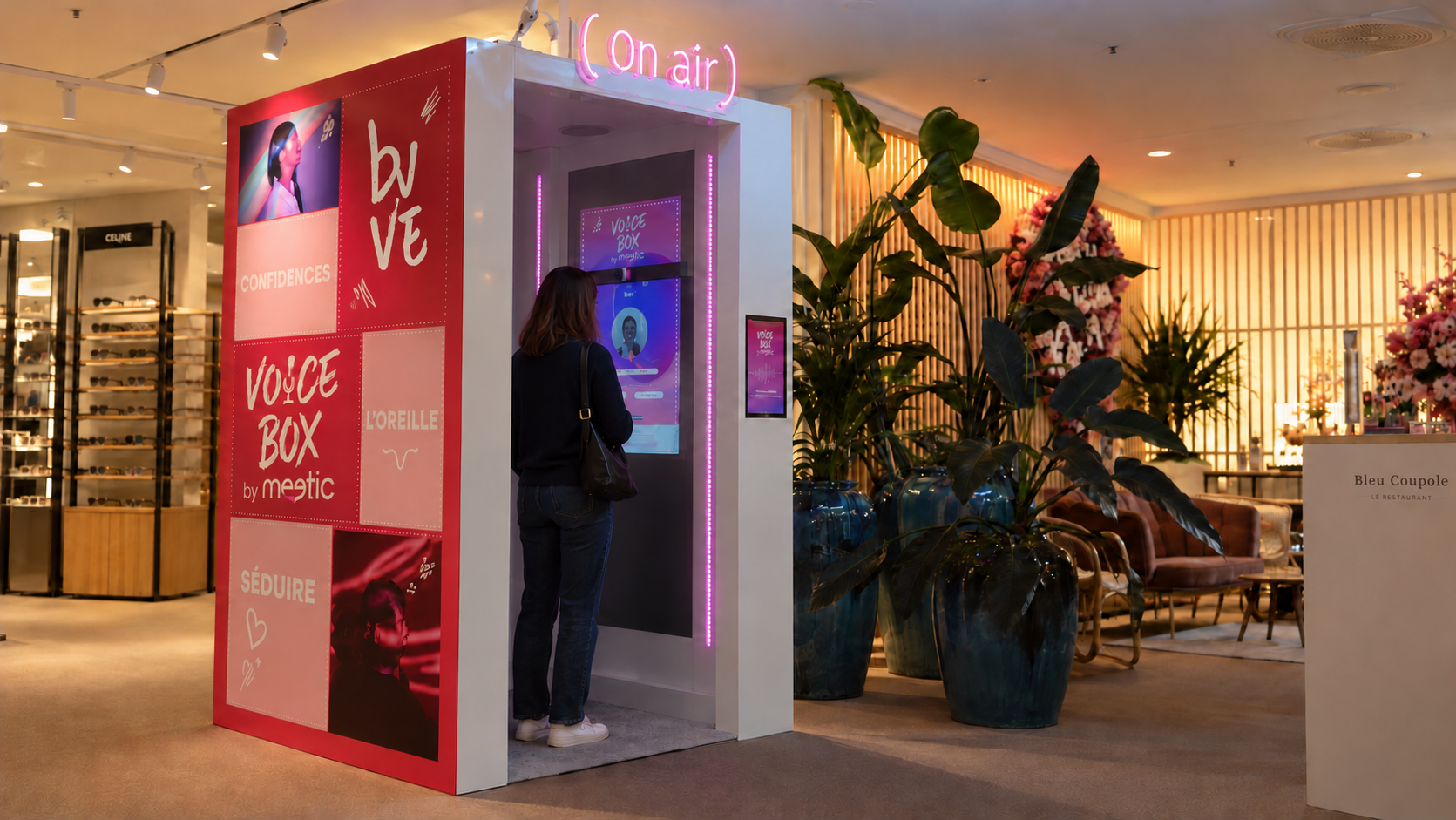 Interactive booth featuring a vertical display and neon sign installed in a department store